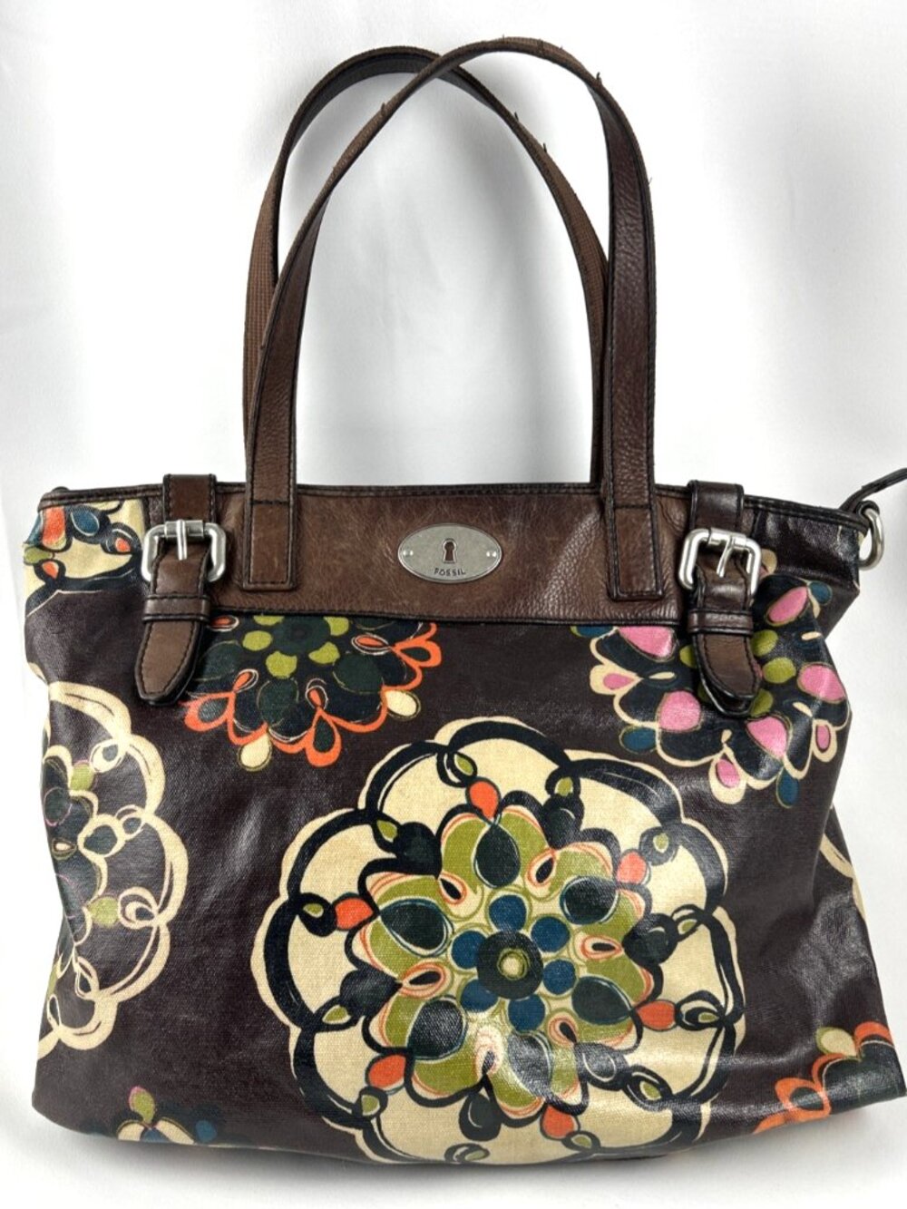 Fossil Key-per Coated Canvas Tote Shopping Bag Brown Floral Doodles 16" x 12"